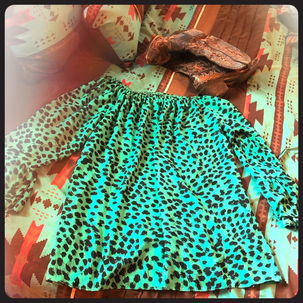 Turquoise & Leopard off the shoulder dress/top